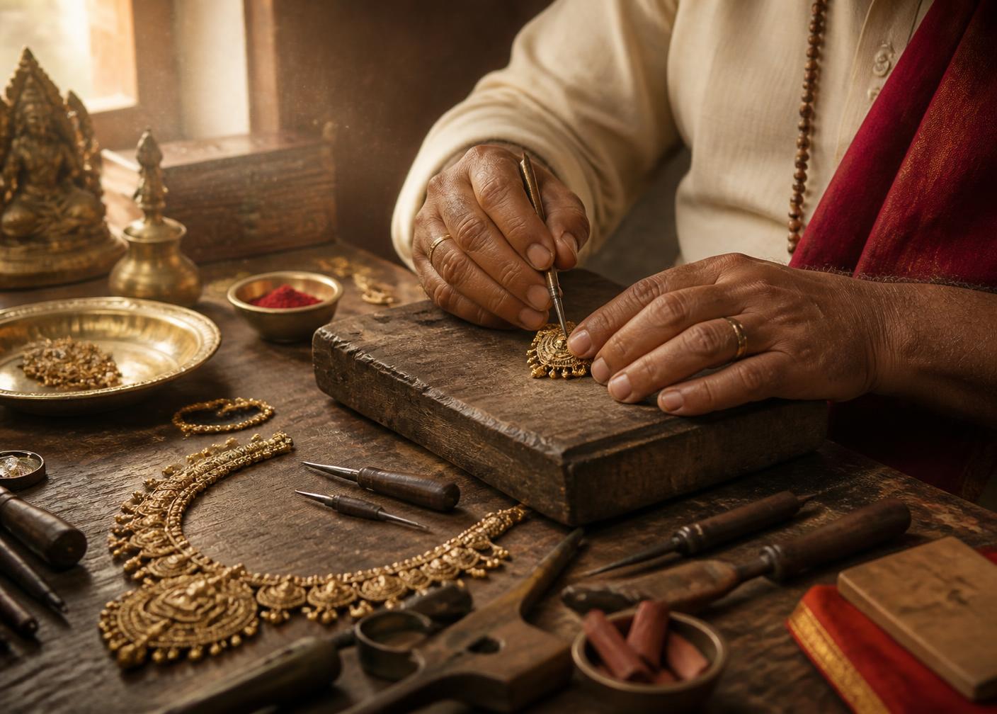 Artisan hand-chasing a gold temple pendant at a wooden workbench